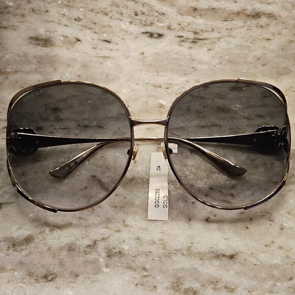 RARE GUCCI RED WHITE BLUE WEB RETRO OVAL GOLD DOUBLE G OVERSIZED SUNGLASSES - Picture 1 of 9